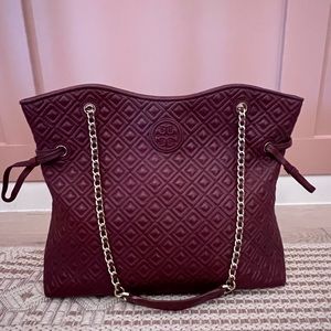 Tory Burch Marion Leather Quilted Tote Burgundy